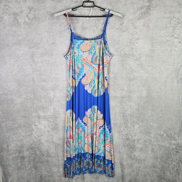 Womens Ice Silk Blue Paisley Boho Maxi Dress Sleeveless Polyester Stretch 1XL - Picture 8 of 11